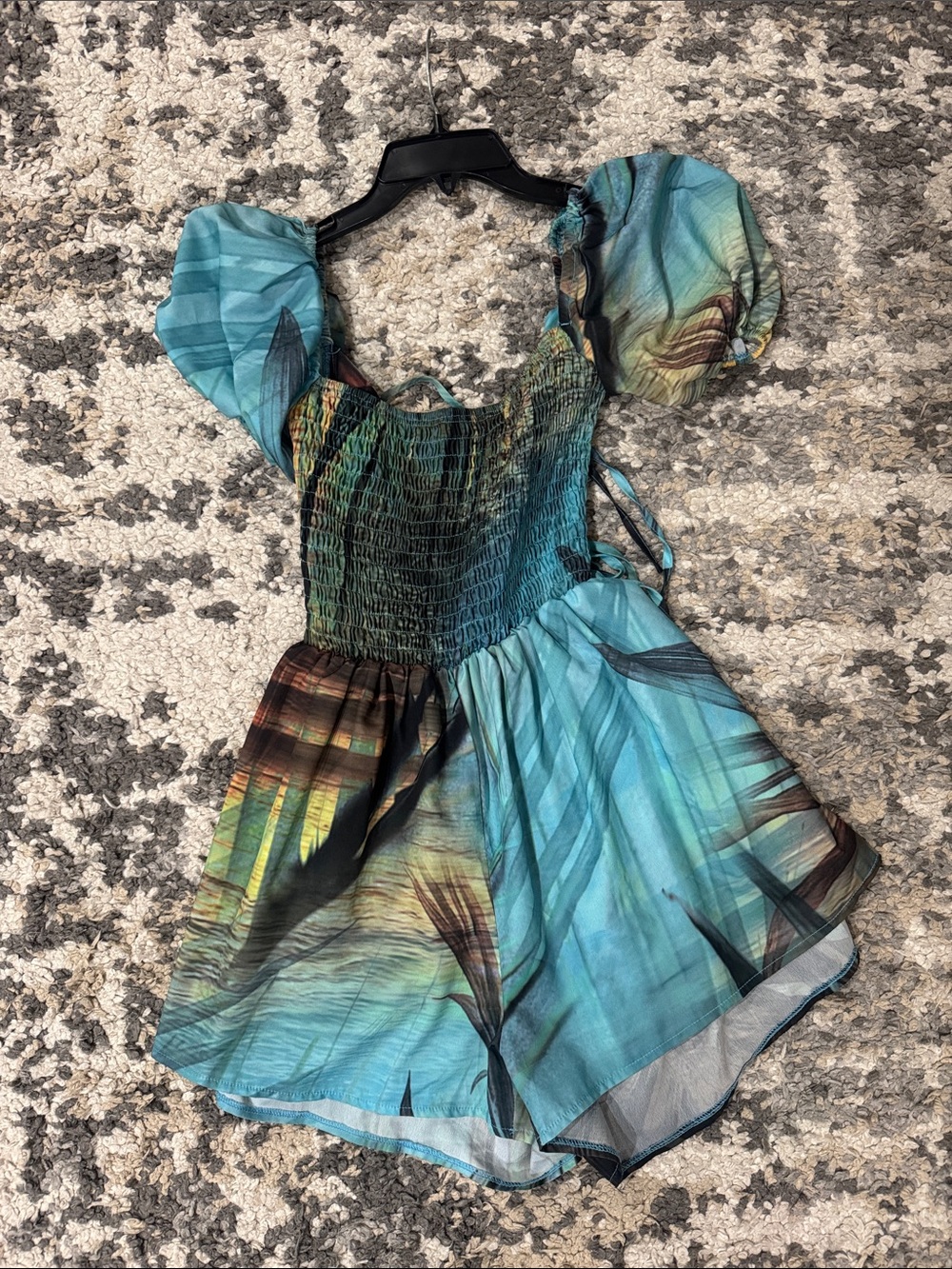 Women’s Blue Teal Puff-Sleeve Smocked Romper